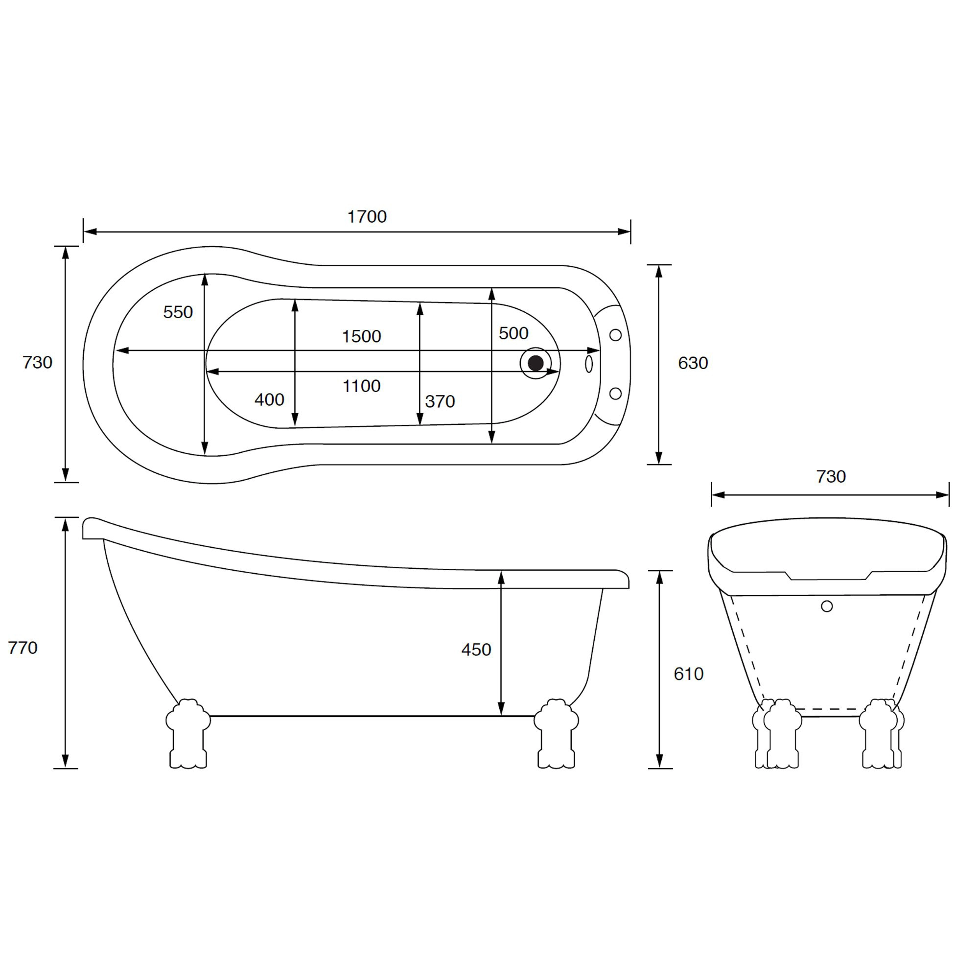 Cooke & Lewis Duchess Acrylic Oval White Freestanding 2 Tap Hole Bath (L)1700mm (W)630mm 4 Cooke & Lewis Duchess Acrylic Oval White Freestanding 2 Tap Hole Bath (L)1700mm (W)630mm - Image 2