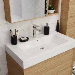 GoodHome Avela Matt Oak Effect Wall-mounted Vanity Unit & Basin Set (W)800mm (H)742mm -Crystal Bathware goodhome avela matt oak effect wall mounted vanity unit basin set w 800mm h 742mm5059340625188 01i bq