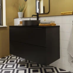 GoodHome Cadelia Matt Black Square Edge Chipboard & Laminate Bathroom Worktop 2cm X 45.5cm X 100.5cm -Crystal Bathware goodhome cadelia matt black square edge chipboard laminate bathroom worktop 2cm x 45 5cm x 100 5cm5059340393209 01i