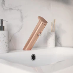 GoodHome Nyasa Medium Copper Effect Round Deck-mounted Manual Basin Mono Mixer Tap -Crystal Bathware goodhome nyasa medium copper effect round deck mounted manual basin mono mixer tap5059340185644 02i
