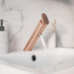 GoodHome Nyasa Medium Copper Effect Round Deck-mounted Manual Basin Mono Mixer Tap -Crystal Bathware goodhome nyasa medium copper effect round deck mounted manual basin mono mixer tap5059340185644 03i