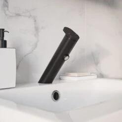 GoodHome Nyasa Medium Matt Black Round Deck-mounted Manual Basin Mono Mixer Tap -Crystal Bathware goodhome nyasa medium matt black round deck mounted manual basin mono mixer tap3663602300625 02i