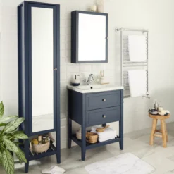 GoodHome Perma Satin Navy Wall-mounted Single Bathroom Cabinet With Mirrored Door (W)500mm (H)700mm -Crystal Bathware goodhome perma satin navy wall mounted single bathroom cabinet with mirrored door w 500mm h 700mm5059340018645 01i