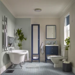 GoodHome Perma Tall Satin Blue Single Bathroom Cabinet With Mirrored Door (W)400mm (H)1850mm -Crystal Bathware goodhome perma tall satin blue single bathroom cabinet with mirrored door w 400mm h 1850mm5059340257181 05i EN BQ