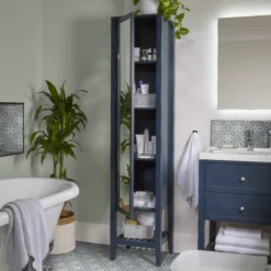 GoodHome Perma Tall Satin Blue Single Bathroom Cabinet With Mirrored Door (W)400mm (H)1850mm -Crystal Bathware goodhome perma tall satin blue single bathroom cabinet with mirrored door w 400mm h 1850mm5059340257235 03i EN BQ