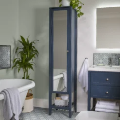 GoodHome Perma Tall Satin Blue Single Bathroom Cabinet With Mirrored Door (W)400mm (H)1850mm -Crystal Bathware goodhome perma tall satin blue single bathroom cabinet with mirrored door w 400mm h 1850mm5059340257235 04i EN BQ