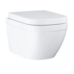 Grohe Euro Alpine White Standard Wall Hung Oval Toilet & Cistern With Soft Close Seat & Matt Black Plate -Crystal Bathware grohe euro alpine white standard wall hung oval toilet cistern with soft close seat matt black plate5059340846842 37c bq