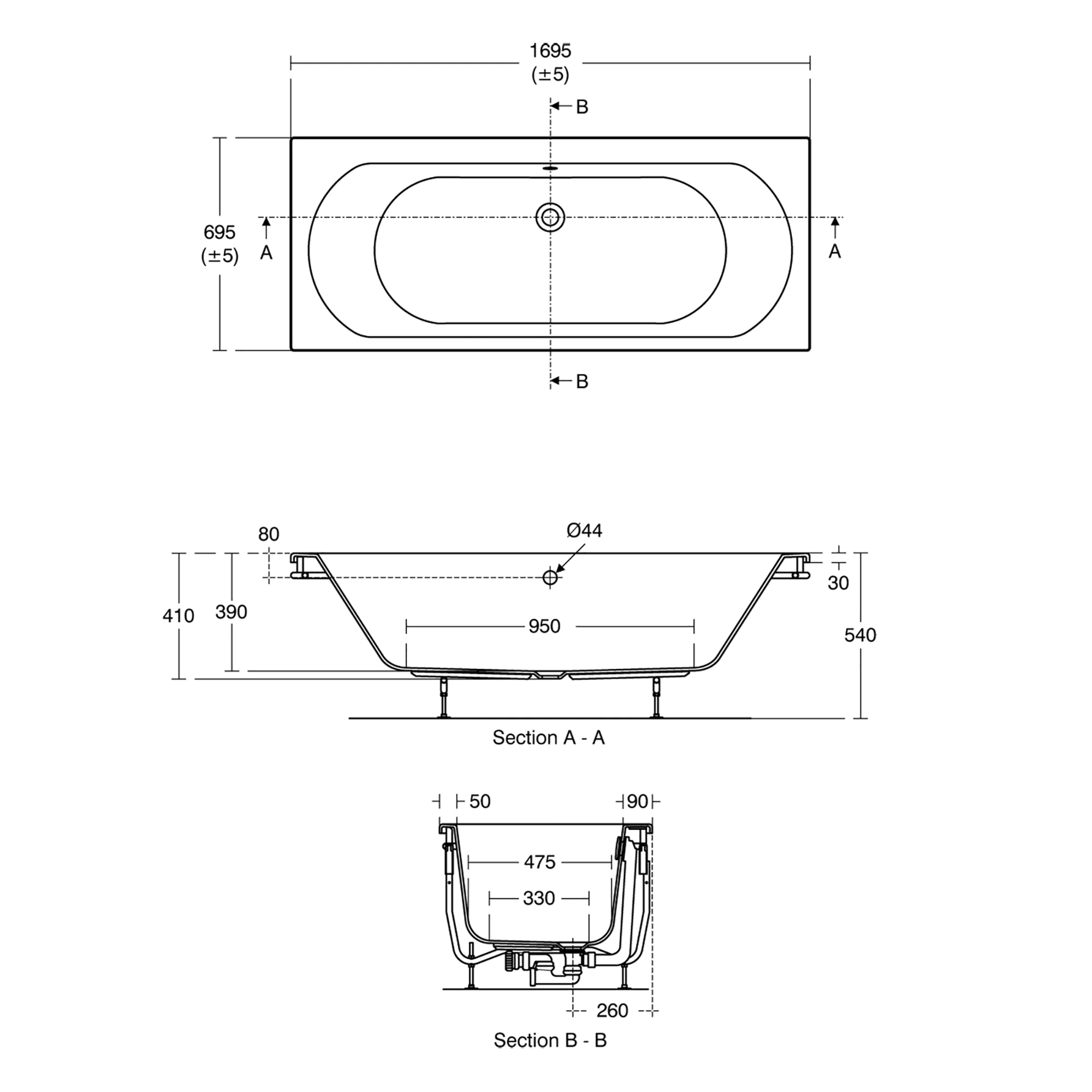 Ideal Standard Tesi White Acrylic Square Bath Rectangular Double Ended Bath (L)1695mm (W)695mm 4 Ideal Standard Tesi White Acrylic Square Bath Rectangular Double Ended Bath (L)1695mm (W)695mm - Image 2