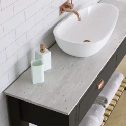 Matt Grey Stone Effect Chamfered Straight Edge Solid Core Laminate Bathroom Worktop 1.2cm X 122cm -Crystal Bathware matt grey stone effect chamfered straight edge solid core laminate bathroom worktop 1 2cm x 122cm5065012980097 01i bq