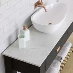 Matt White Marble Effect Chamfered Straight Edge Acrylic Bathroom Worktop 1.2cm X 122cm -Crystal Bathware matt white marble effect chamfered straight edge acrylic bathroom worktop 1 2cm x 122cm5065012980059 01i bq